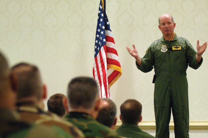 Gen. Duncan McNabb, commander of Air Mobility Command, speaks to Airmen at the Charleston Club during a commander’s call Jan. 29, 2007. While here General McNabb awarded seven Bronze Stars to Charleston Airmen. (U.S. Air Force photo/Airman 1st Class Nicholas Pilch)