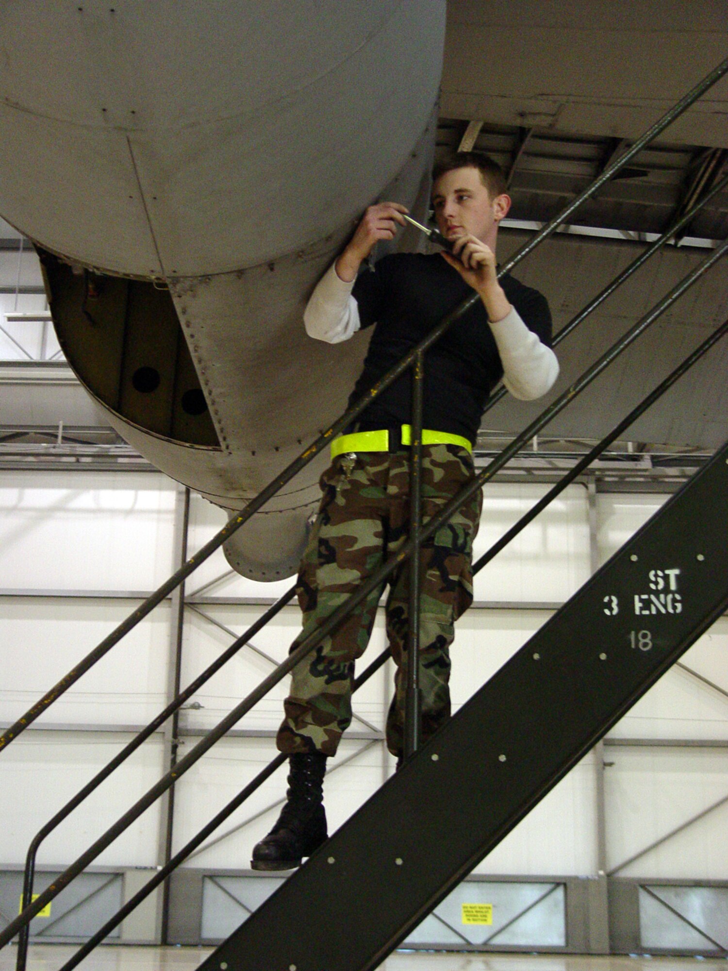 Senior Airman Darin Kimball, 352nd MXS isochronal inspector, removes panels on the aerial refueling pod of a C-130 to prepare for the aircraft’s isochronal inspection. (U.S. Air Force photo by Master Sgt. Dennis Brewer)