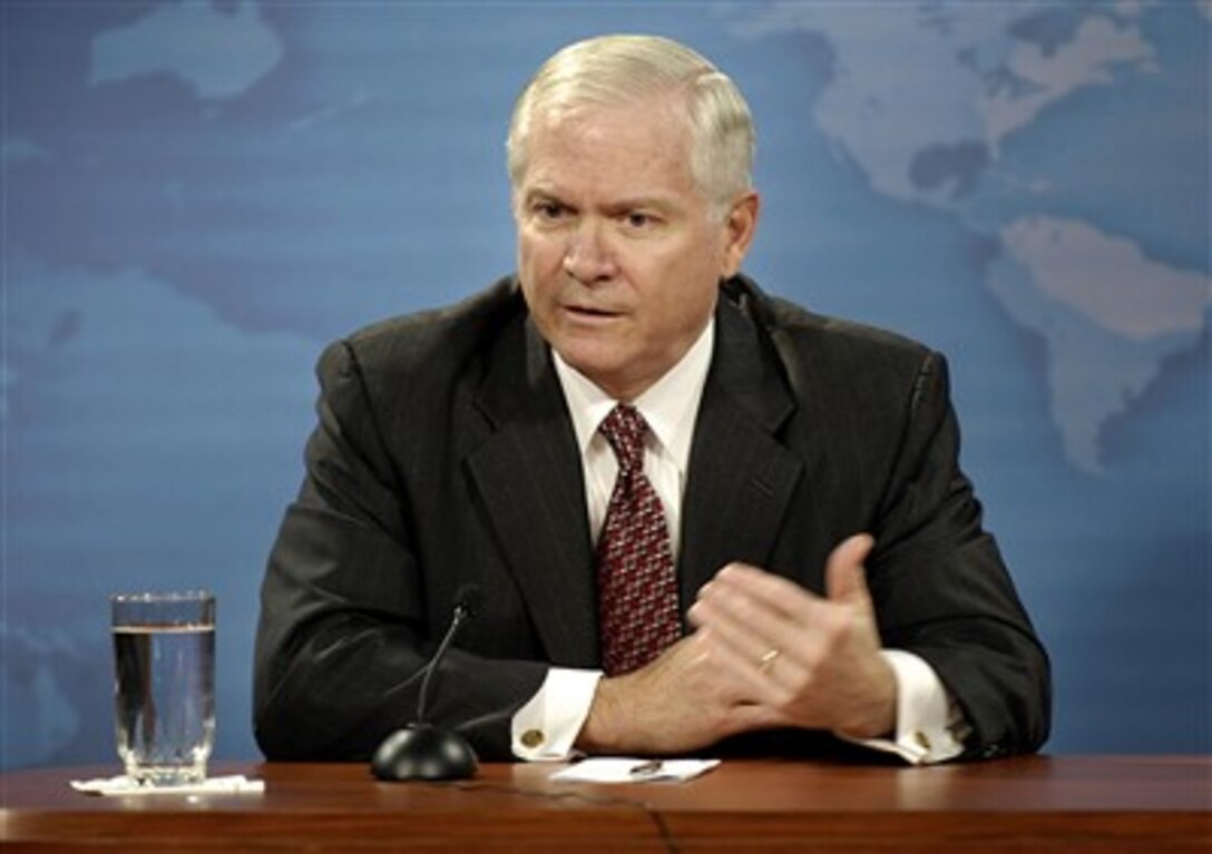 Secretary of Defense Robert M. Gates responds to a reporter's question during a press conference in the Pentagon on Feb. 2, 2007.  Chairman of the Joint Chiefs of Staff Gen. Peter Pace, U.S. Marine Corps, joined Gates for the briefing.   