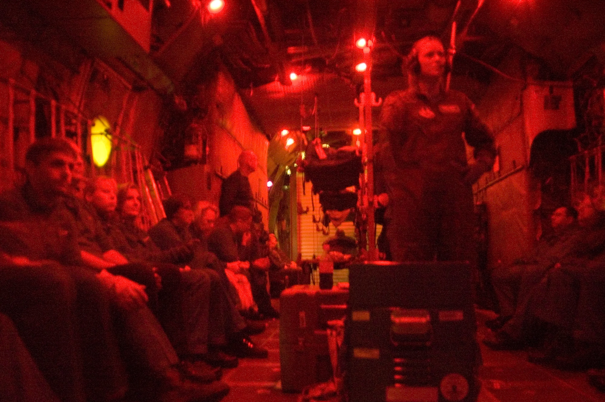 ELDP students experience a simulated tactical take-off aboard USAFSAM's C-130 simulator while visiting Brooks City-Base. During their visit they were exposed to training received by Airmen in aerospace medical career fields. (U.S. Air Force photo by Steve Thurow)