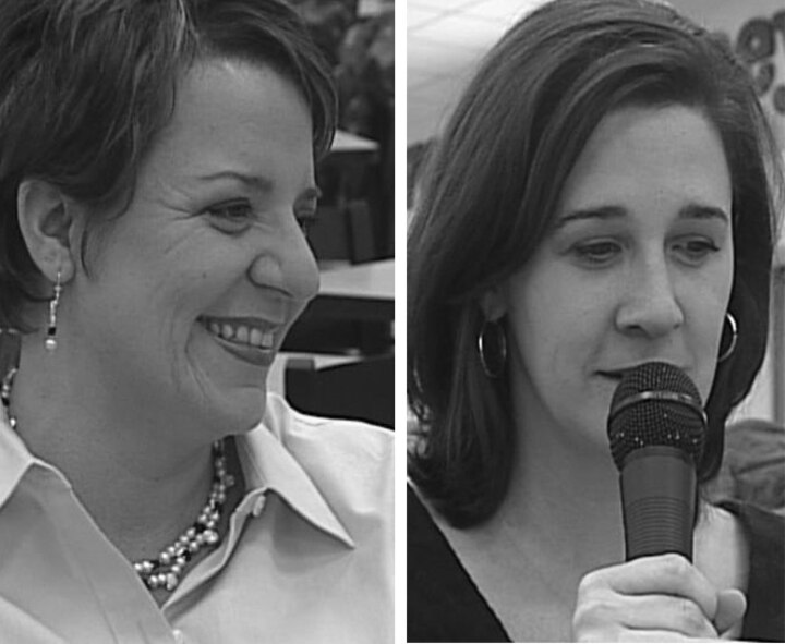 OSAN AIR BASE, Republic of Korea --  Kelli Rizzuto (left) and Stephanie Jahn were selected as Osan's new "Giant Voices" after winning a competition Jan. 16. People can expect to hear their voices in the near future. (Photo by Staff Sgt. Brent Skeen)