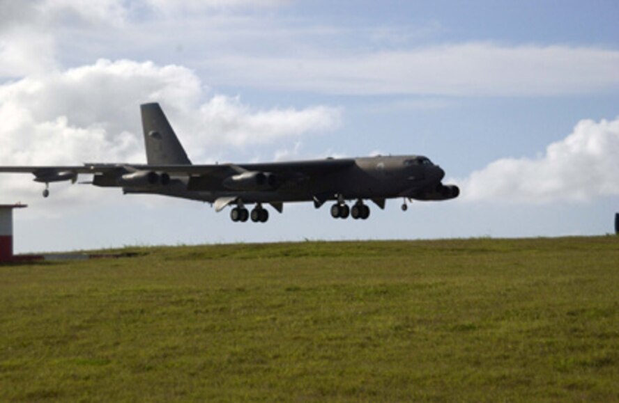 ANDERSEN AIR FORCE BASE, Guam – A B-52 Stratofortress arrives at Andersen Air Force Base, Guam following a 17-hour flight from its home unit at Barksdale AFB, La.  Six B-52s from the 2nd Bomb Wing arrived in Guam this week as part of a scheduled rotation of bomber units into the Pacific theatre.  (U.S. Air Force Photo by Senior Master Sgt. Don Perrien)

