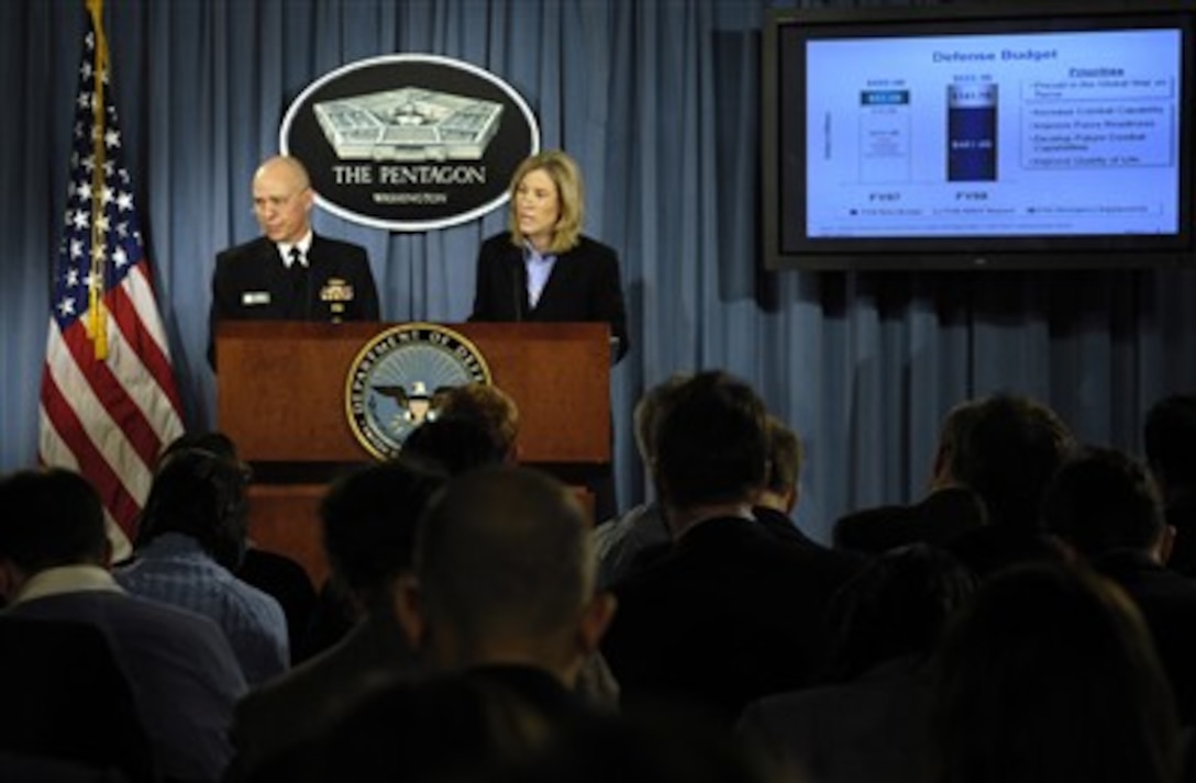 Under Secretary of Defense (Comptroller) Tina Jonas and Vice Adm. Steve Stanley, U.S. Navy, director of Force Structure Resource and Assessment, brief reporters about the 2008 Department of Defense budget at a Pentagon press conference on Feb. 5, 2007.  