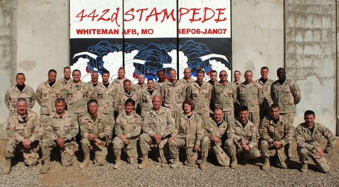 WHITEMAN AFB, Mo -- 442nd Civil Engineer Squadron members, U.S. Air Force reservists from the 442nd Fighter Wing here, pose for a group photo to commemorate their four-month deployment to Kirkuk Air Base, Iraq, before returning home in January. During the deployment, they programmed and worked on more than $4.25 million in infrastructure projects to improve the base and airfield, as well as ongoing maintenance projects such as road repair. The 442nd Prime BEEF - Base Engineer Emergency Force - troops represented many of the squadron's occupational disciplines including firefighters, heating ventilation and air conditioning, electrical, structures, power production and utilities. Courtesy photo