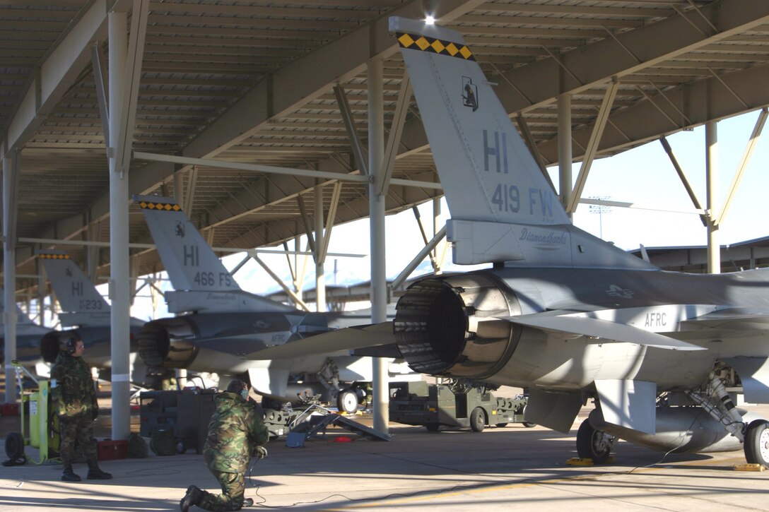 419th Fighter Wing F-16s are now located on the 388th FW ramp.  Wing maintenance crews and pilots have been operating out of this new location for the past several months.  (U.S. Air Force Photo by Staff Sgt. Christi Wright)