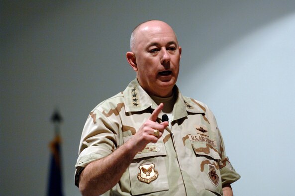 Gen. T. Michael Moseley speaks to Airmen Feb. 5 in  Southwest Asia. General Moseley, the Air Force chief of staff, spoke to at the 379th Air Expeditionary Wing Airmen about changes in the Air Force that will be implemented in upcoming months and how Airmen are warfighters today. (U.S. Air Force photo/Staff Sgt. David Miller)