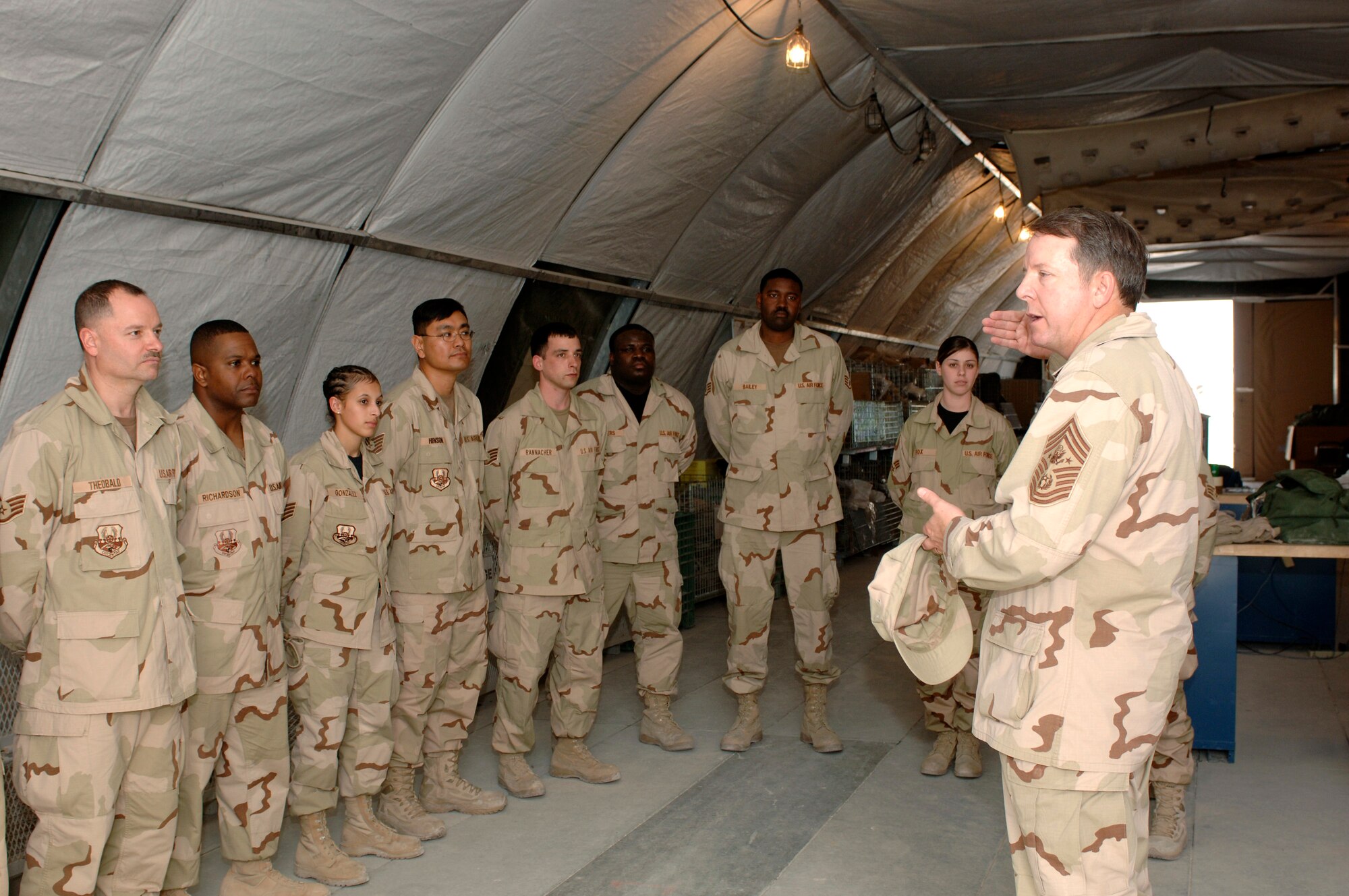 Chief Master Sergeant of the Air Force Rodney J. McKinley speaks to members of the 379th Expeditionary Logistics Readiness Squadron Feb. 5 in Southwest Asia. Chief McKinley spoke to Airmen about changes in the Air Force that will be implemented in upcoming months. (U.S. Air Force photo/Staff Sgt. David Miller)