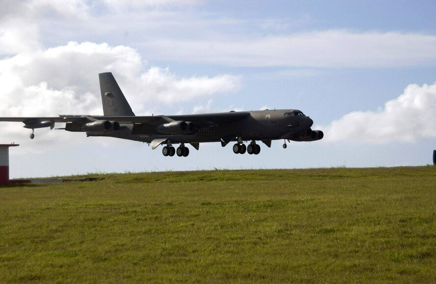 A B-52 Stratofortress arrives on Andersen Air Force Base, Guam, Feb. 1 following a 17-hour flight from its home unit at Barksdale AFB, La. Six B-52s from the 2nd Bomb Wing arrived in Guam recently as part of a scheduled rotation of bomber units into the Pacific theater. (U.S. Air Force photo/Senior Master Sgt. Don Perrien) 
