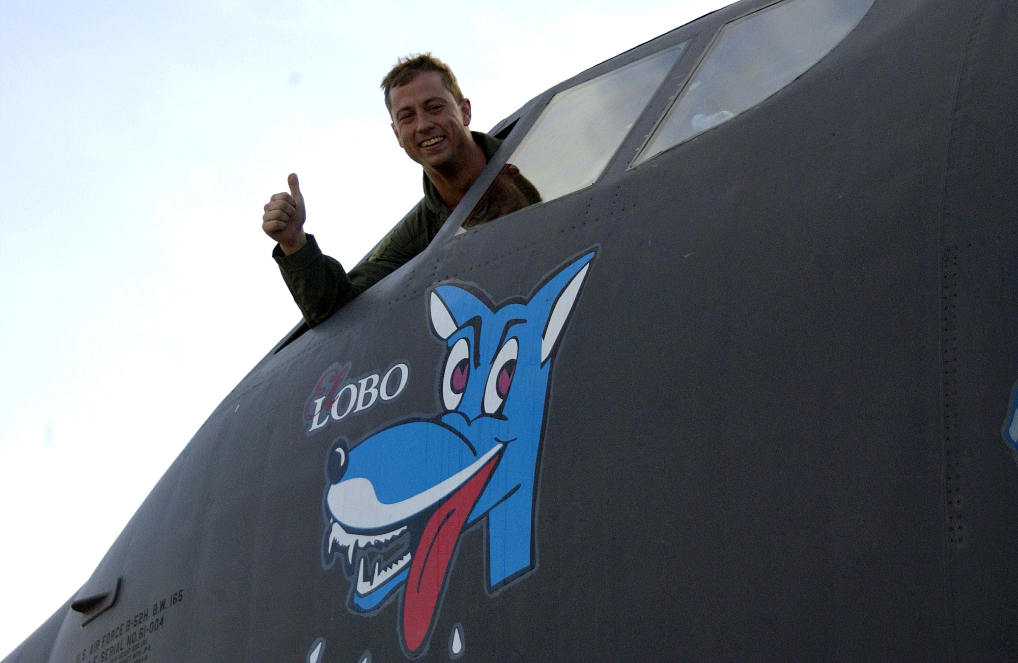 Maj. Eric Sikes gives a thumbs up sign from the cockpit of a B-52 Stratofortress Feb. 1 following his 17-hour flight from Barksdale Air Force Base, La., to Andersen AFB, Guam. Major Sikes was one of 300 Airmen from Barksdale AFB who arrived in Guam recently as part of a scheduled rotation of bomber units into the Pacific theatre. (U.S. Air Force photo/Senior Master Sgt. Don Perrien) 
