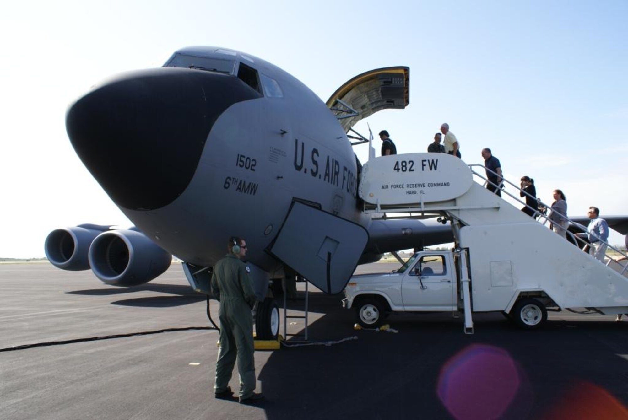 Civilian employers of military reservists board a KC-135 Stratotanker of the 91st Air Refueling Squadron, MacDill Air Force Base, Tampa, Jan. 12 here at Homestead Air Reserve Base, Fla. Twenty-five employers attended a two-day ESGR “Boss Lift” to see the Reserve military jobs of their employees. (U.S. Air Force photo/Dan Galindo)