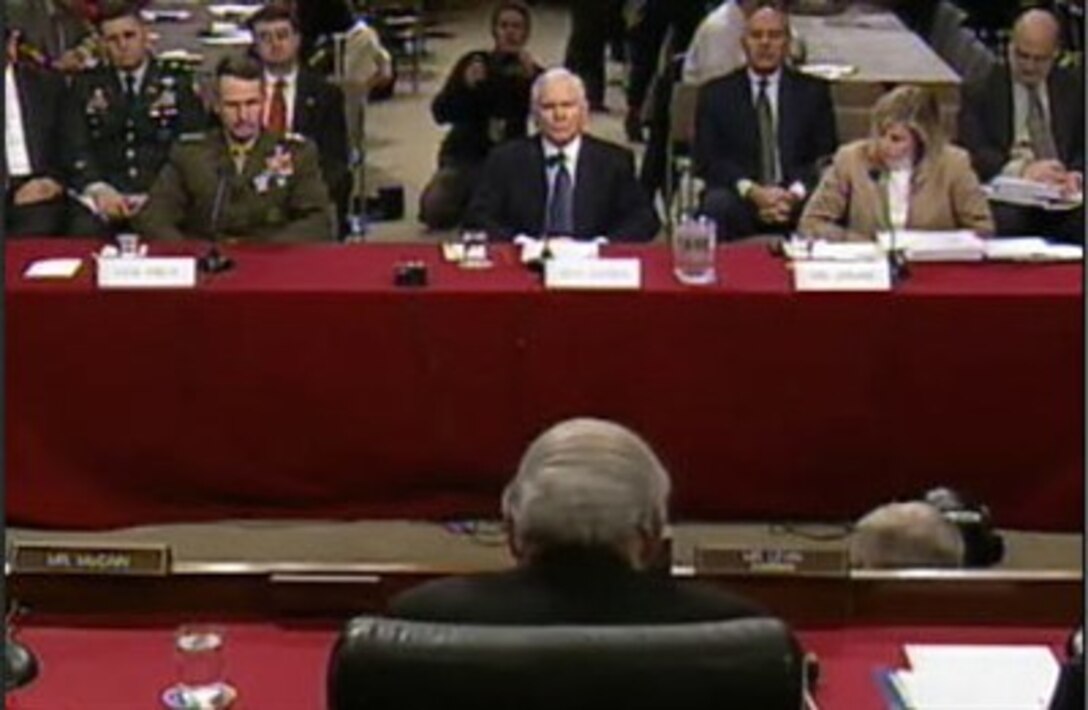 Defense Secretary Robert M. Gates (center), Chairman of the Joint Chiefs of Staff Gen. Peter Pace (left) and Under Secretary of Defense, Comptroller, Tina Jonas testify at a hearing of the Senate Armed Services Committee in Washington, Feb. 6, 2007. 
