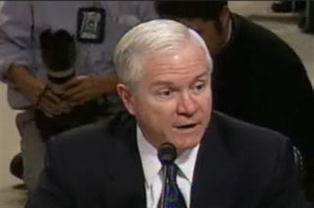 Defense Secretary Robert M. Gates testifies at a hearing of the Senate Armed Services Committee in Washington, Feb. 6, 2007. He was joined by  Chairman of the Joint Chiefs of Staff Gen. Peter Pace and Under Secretary of Defense, Comptroller, Tina Jonas. 