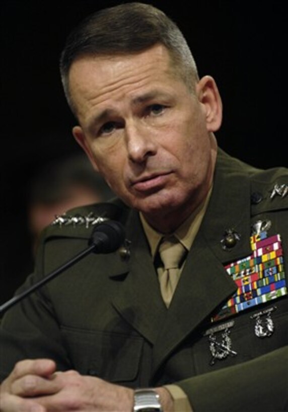 Chairman of the Joint Chiefs of Staff Gen. Peter Pace, U.S. Marine Corps, responds to a question during a Senate Armed Services Committee hearing about the fiscal year 2008 budget at the Hart Senate Office building in Washington, D.C., on Feb. 6, 2007.  