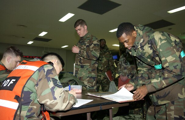02/06/2007 -- MISAWA AIR BASE, Japan -- Misawa Airmen move through the deployment line Tuesday, Feb. 6. Airmen process through a deployment line in first portion of an Operational Readiness Exercise to ensure their mobility folders are up-to-date. (U.S. Air Force photo by Senior Airman Robert Barnett)
