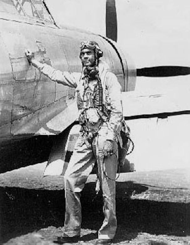 Col. Benjamin O. Davis Jr., commander of the 332nd Fighter Group, in front of his P-47 Thunderbolt in Sicily. (U.S. Air Force photo)
