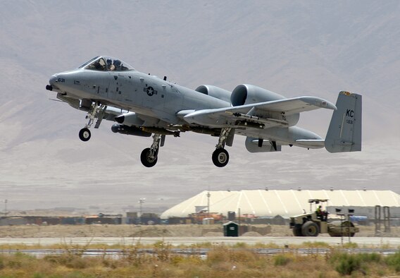 An A-10 Thunderbolt II, or "Warthog," from the 442nd Fighter Wing takes off Jul. 4, 2006, on a combat mission from Bagram Airfield, Afghanistan. A new smart color multi-function display for the A-10 is designed to help pilots communicate better and provide greater situaltional awareness over battlefields in the Global War on Terror. (U.S. Air Force photo/Maj. David Kurle)