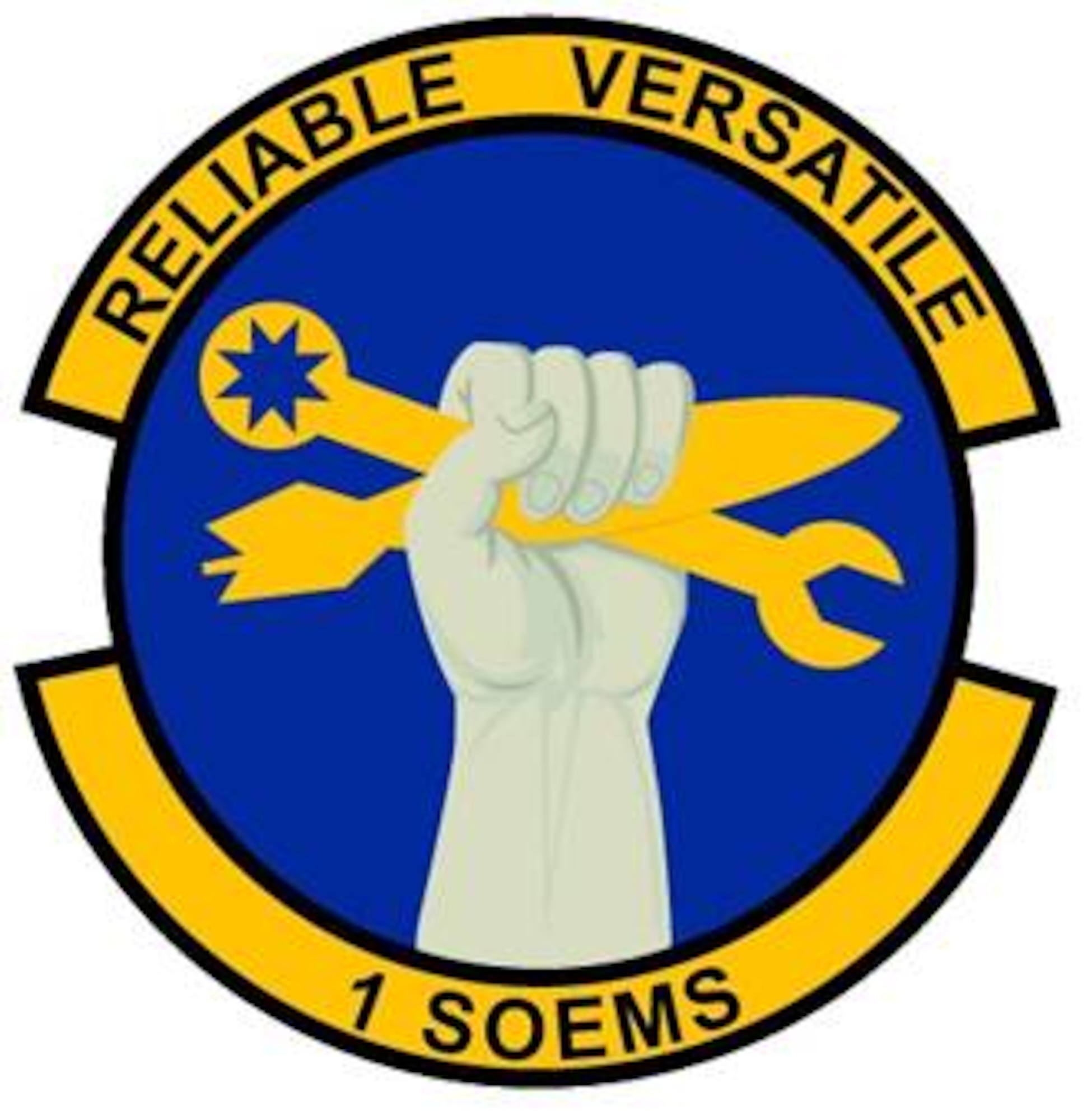 Blue and yellow are the Air Force colors.  Blue alludes to the sky, the primary theater of Air Force operations.  Yellow refers to the sun and the excellence required of Air Force personnel.  The gray fist of iron depicts the strength of the unit to perform its worldwide maintenance functions in all conditions.  The wrench and munitions symbolize the expertise of squadron personnel in maintaining equipment.