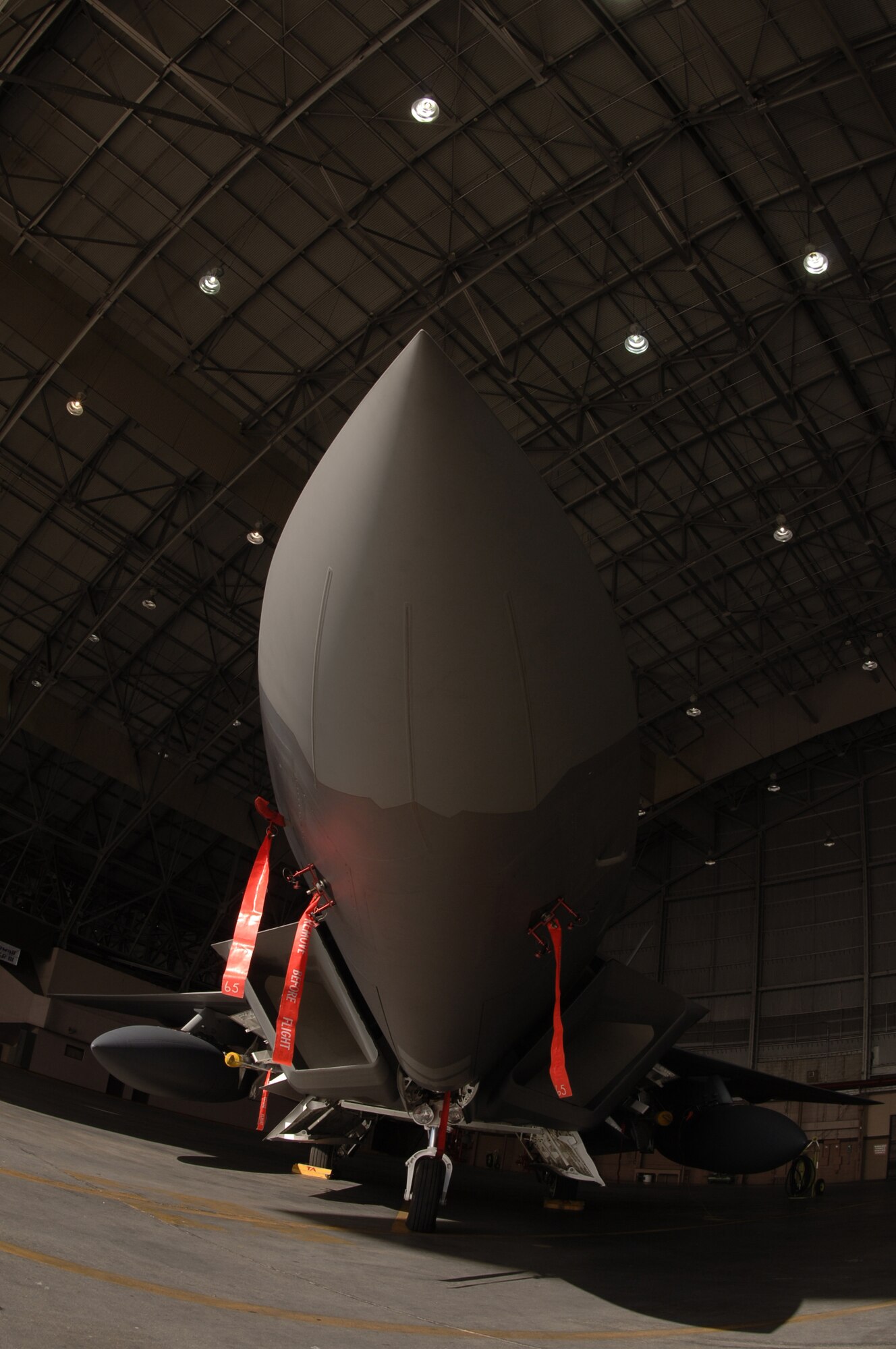 HICKAM AIR FORCE BASE, Hawaii -- An F-22 sits in a hangar here Feb. 8, 2007, while on its way to Kadena Air Base, Japan. The 27th Fighter Squadron, Langley Air Force Base, Va. are deploying 12 F-22s and more than 250 personnel overseas for the first time to Japan. (U.S. Air Force photo by Vanessa Perez) 