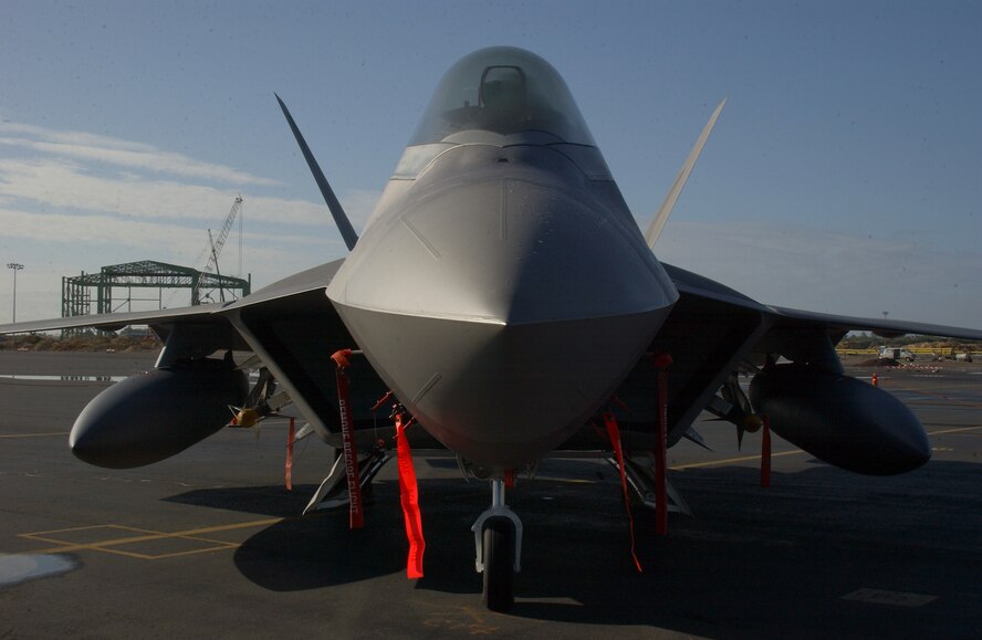 HICKAM AIR FORCE BASE, Hawaii -- An F-22 sits on the ramp here Feb. 8, 2007, while on its way to Kadena Air Base, Japan. The 27th Fighter Squadron, Langley Air Force Base, Va. are deploying 12 F-22s and more than 250 personnel overseas for the first time to Japan. (U.S. Air Force photo by Vanessa Perez) 