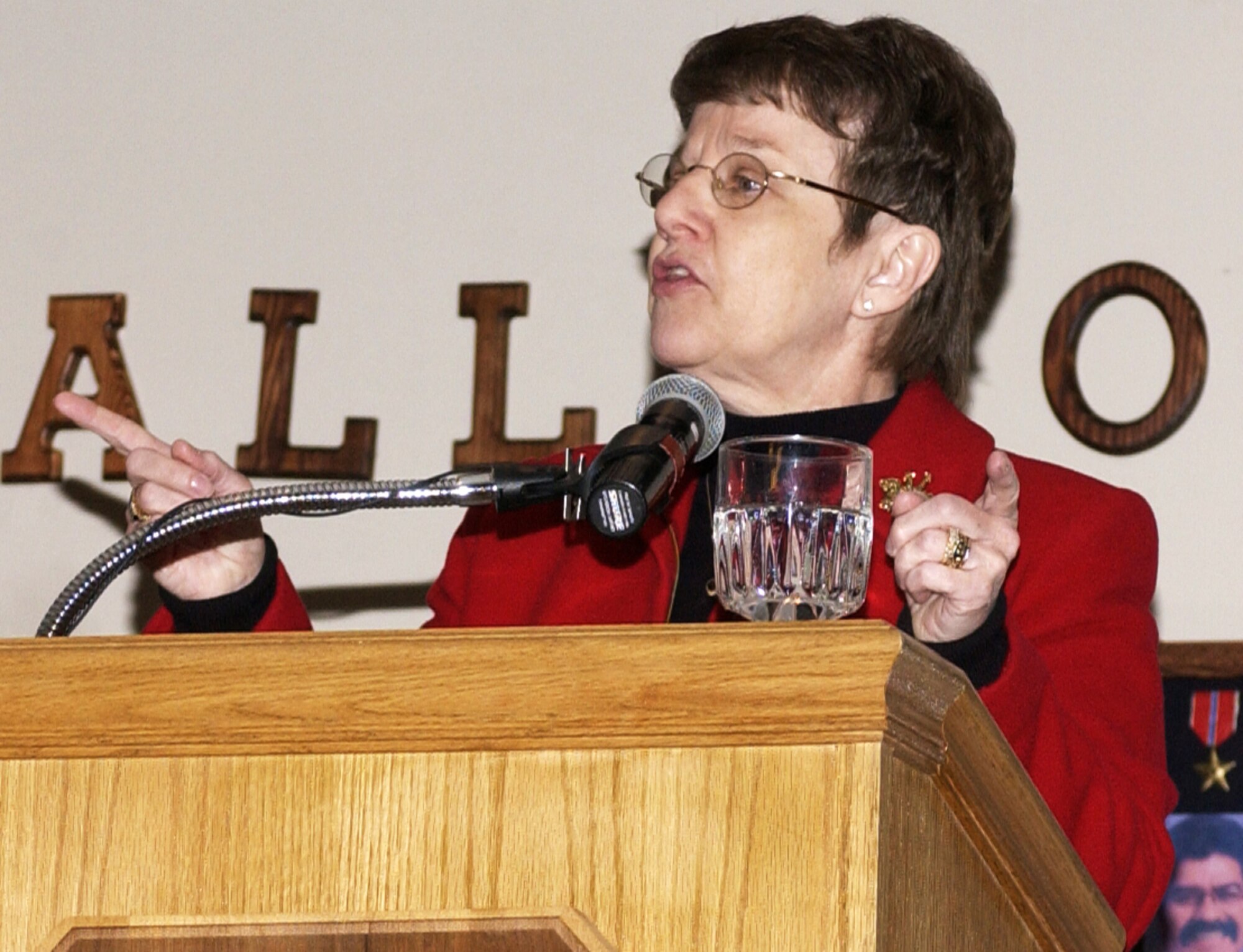 Retired Chaplain (Maj. Gen.) Lorraine Potter, the first female chaplain and female chief of chaplains in the Air Force, addressed more than 150 attendees at the annual Prayer Breakfast at Cannon Air Force Base, NM Feb. 2. Mrs. Potter reminded Airmen and civilians at the breakfast that each was unique and "essential to fulfilling the mission of the wing." (Air Force photo/Greg Allen)