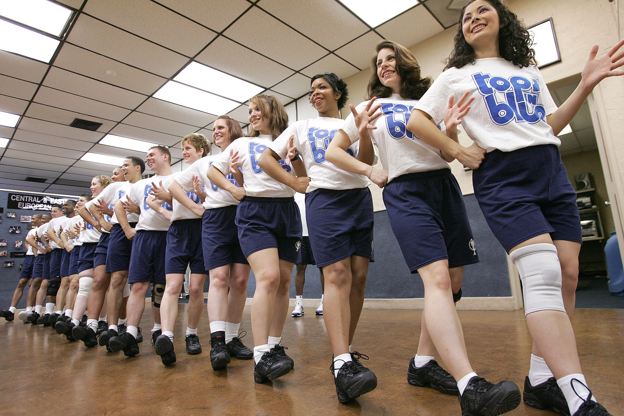 Tops in Blue 2007 cast members rehearse in their production center Feb. 7 at Lackland Air Force Base, Texas. This year's theme is "The Fly-By." The Air Force's expeditionary entertainers will hit the road in April and will perform approximately 128 shows at 110 locations in 27 countries and to 300,000 Airmen and their families. (U.S. Air Force photo/Robin Cresswell)
