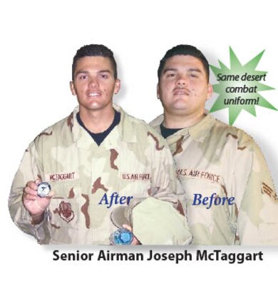 Senior Airman Joseph McTaggart's before and after photo while deployed to Manas, Kyrgyzstan. (courtesy photo)