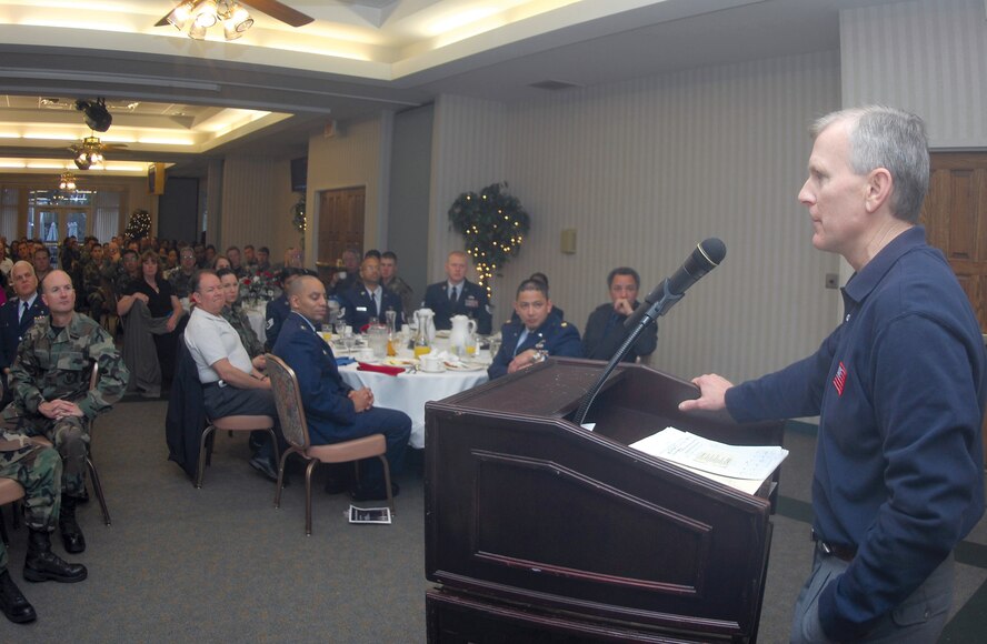 Col. (ret.) David Eberly, former F-15E pilot, speaks about his experiences as an Iraqi prisoner of war during Moody’s annual Prayer Breakfast Feb. 1. Colonel Eberly was shot down over Iraq during Operation Desert Storm in 1991 and spent 43 days in a Baghdad prison.  (U.S. Air Force photo by Senior Airman Angelita Lawrence)

