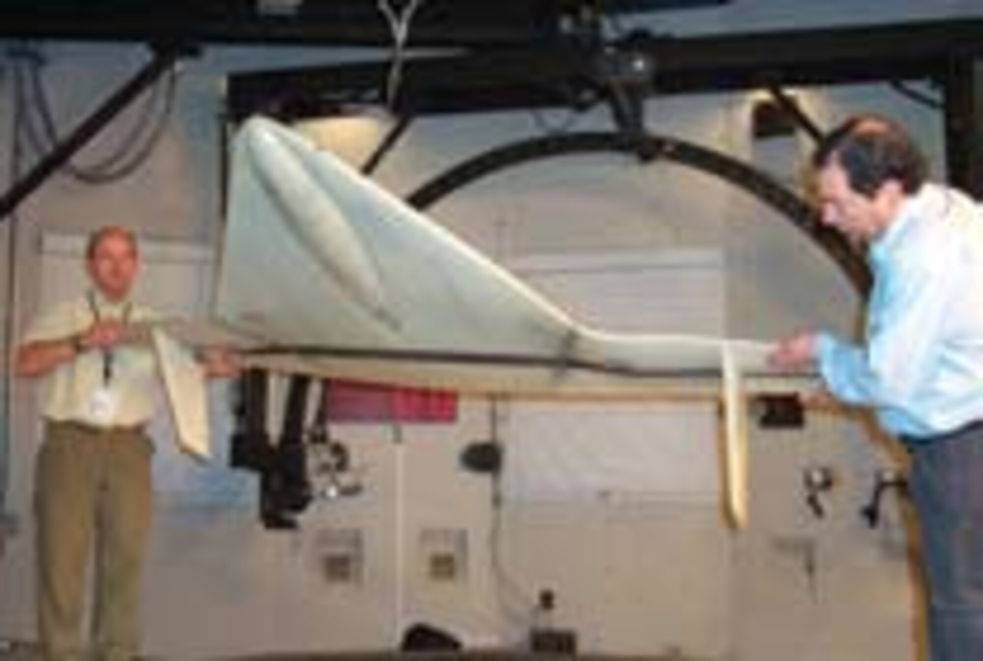 The Mars Flyer model, with wings folded, in AFRL’s Vertical Wind Tunnel