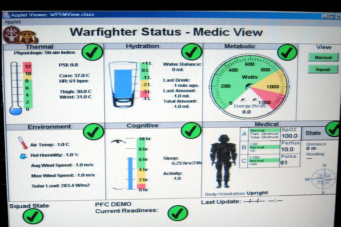 This is a snapshot view of a computer screen future soldiers  will see in a dropdown eyewear device attached to their helmets. This  particular screen view shows the physiological status of a given soldier. A  medic in the field can monitor another soldier's health status without  physically seeing that particular soldier. This was part of the Future Warrior  exhibit for congressmen and their staff members to view on Soldier  Modernization Day July 23 on Capitol Hill in Washington. Photo by Phil Copeland