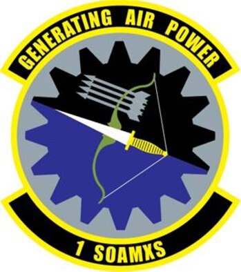 Blue alludes to the sky, the primary theater of Air Force operations. Yellow refers to the sun and the excellence required of Air Force personnel. The gear divided black and blue has sixteen teeth. It alludes to day and night support provided by the Squadron to its parent unit. The bow armed with a dagger reflects the combat readiness and precision with which the unit handles special operations assets. The dagger denotes the unit’s heritage. The four arrows represent the combat support provided by the unit and also the four original aircraft maintenance units.
