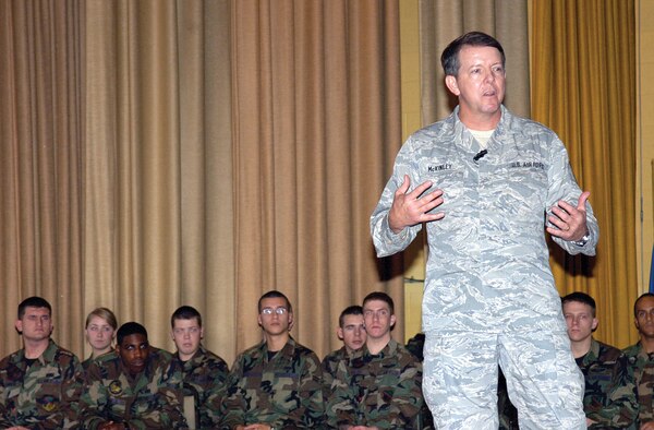 Chief Master Sgt. of the Air Force Rodney J. McKinley answers questions during an enlisted call with Airmen Dec. 13 at Tinker Air Force Base, Okla. Chief McKinley is wearing the new Airman Battle Uniform and Air Force officials released the wear policy for the uniform Feb. 7. (U.S. Air Force photo/Margo Wright) 