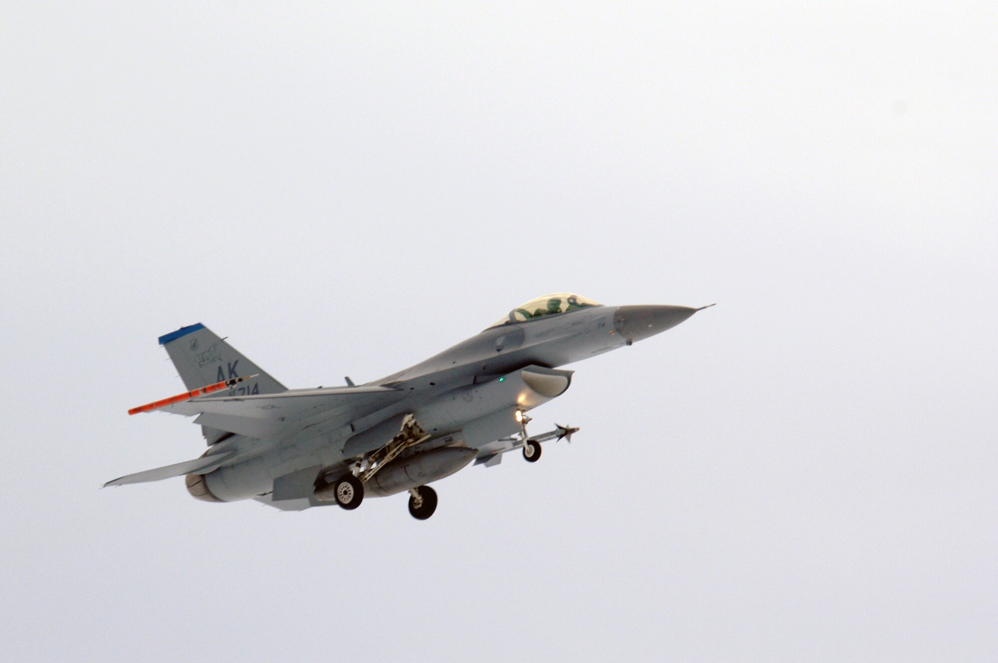 EIELSON AIR FORCE BASE, Alaska -- An F-16C Fighting Falcon aircraft from the 18th Fighter Squadron prepares to land after a training mission here on Feb.8. The 18th Fighter Squadron conducts air operations for combat-ready F-16 aircraft and provides close air support, forward air control (airborne), battlefield air interdiction, and offensive counter air.
(U.S. Air Force Photo by Staff Sgt Joshua Strang)