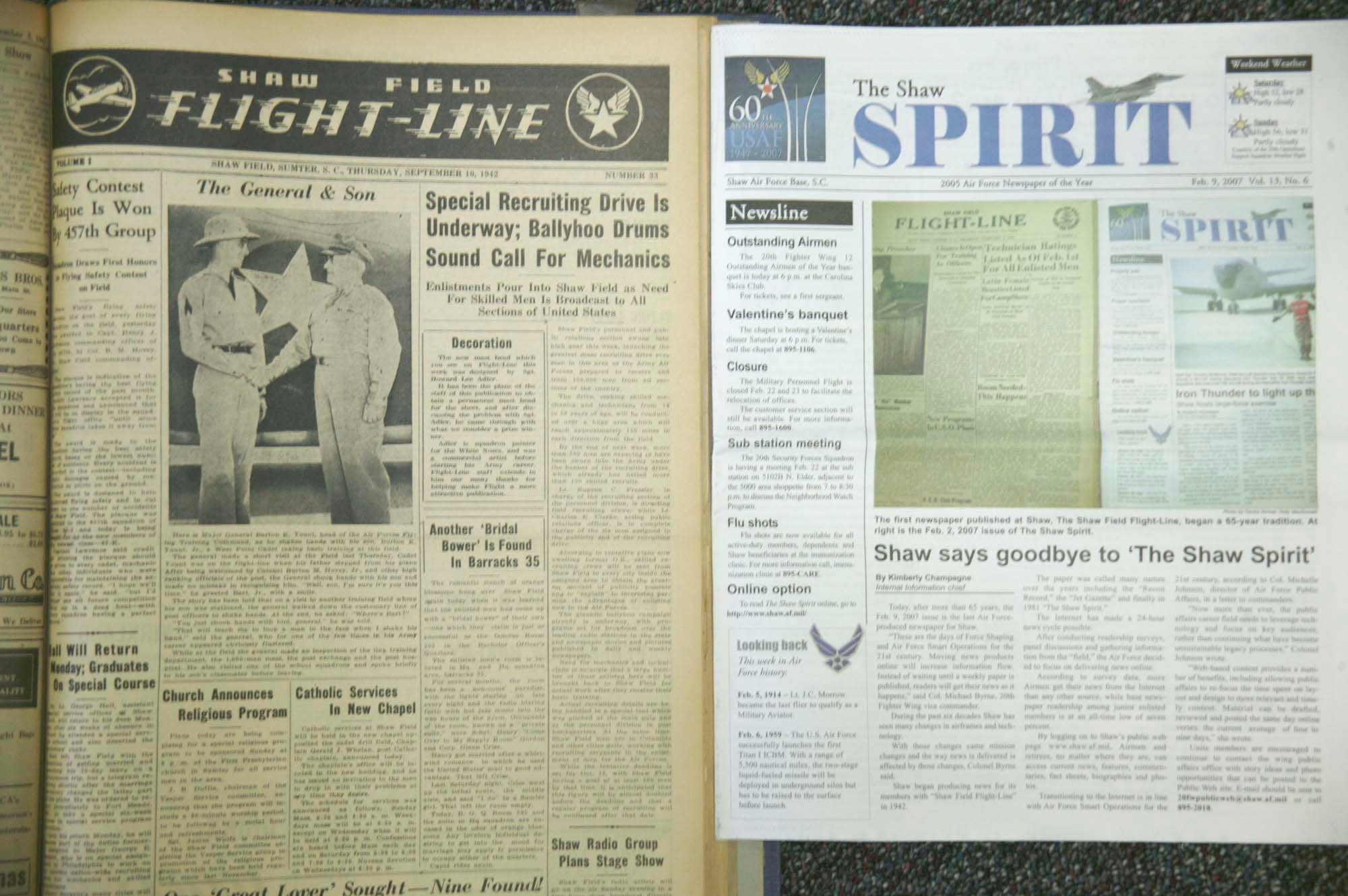SHAW AIR FORCE BASE, S.C. -- The first newspaper published at Shaw, "The Shaw Field Flight-Line," began a 65-year tradition. At right is the last issue of "The Shaw Spirit." (U.S. Air Force photo/Senior Airman Holly MacDonald)