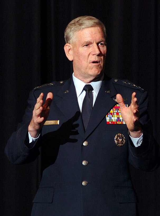 Air Force Gen. Richard B. Myers, chairman of the Joint Chiefs 
of Staff, addresses the U.S. Air Force Academy's 12th Annual National Character 
and Leadership Symposium on Feb. 24. Photo by Danny Meyers