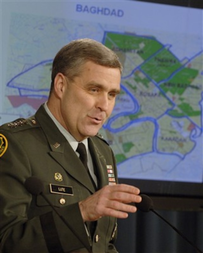 Director for Operations for the Joint Staff Lt. Gen. Douglas Lute, U.S. Army, conducts an operational update briefing in the Pentagon on Feb. 9, 2007.  