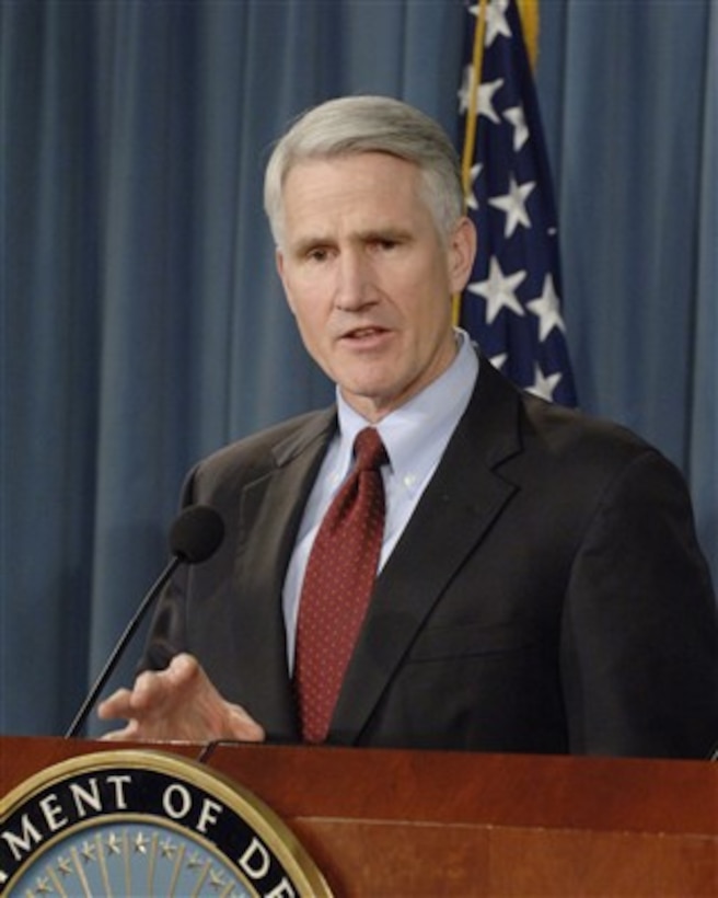 Deputy Assistant Secretary of Defense for Middle East Mark Kimmitt conducts an operational update briefing in the Pentagon on Feb. 9, 2007.  