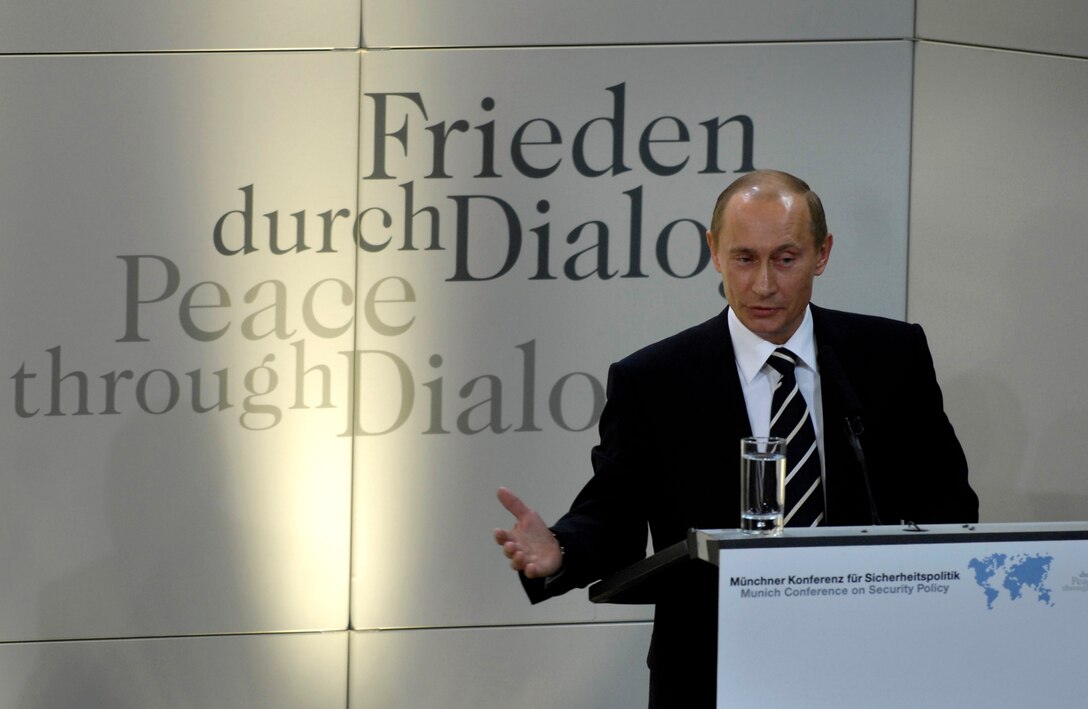 Russian president Vladimir Putin delivers his remarks about "Russia's Role in World Politics" during the 43rd Annual Conference on Security Policy in Munich, Germany, Feb. 10, 2007.  The theme for the conference is "Global Crisis-Global Responsibilities." 
