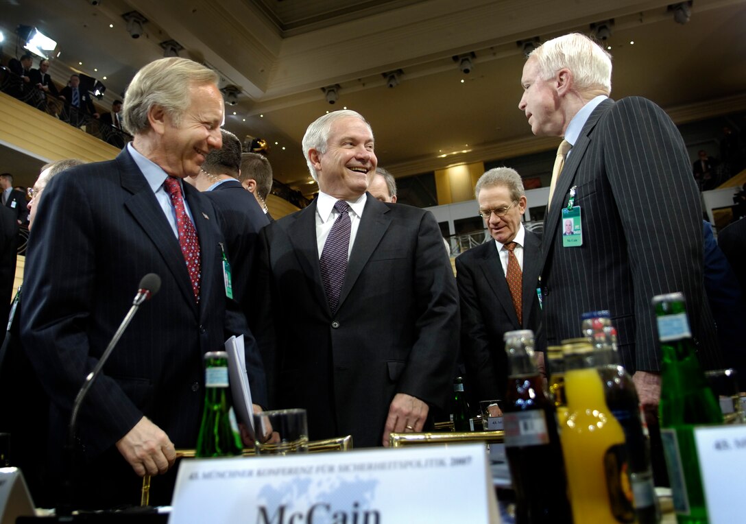 Defense Secretary Robert Gates, center, and U.S. Senators John McCain, right, and Joe Lieberman attend the 43rd Annual Conference on Security Policy in Munich, Germany, Feb. 10, 2007.  The theme for the conference is "Global Crisis-Global Responsibilities."