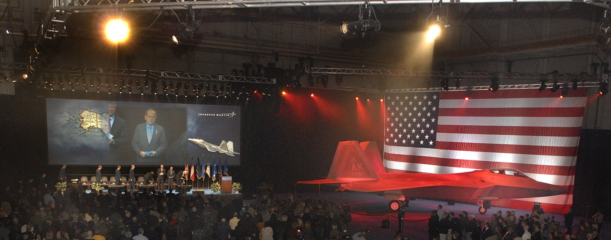 MARIETTA, Ga -- Representatives from the U.S. Air Force and Lockheed Martin gathered, Feb 12, 2007, to see the roll-out of Pacific Air Forces' first F-22. This F-22 is the first of several that will be assigned to PACAF at Elmendorf Air Force Base, Alaska. 