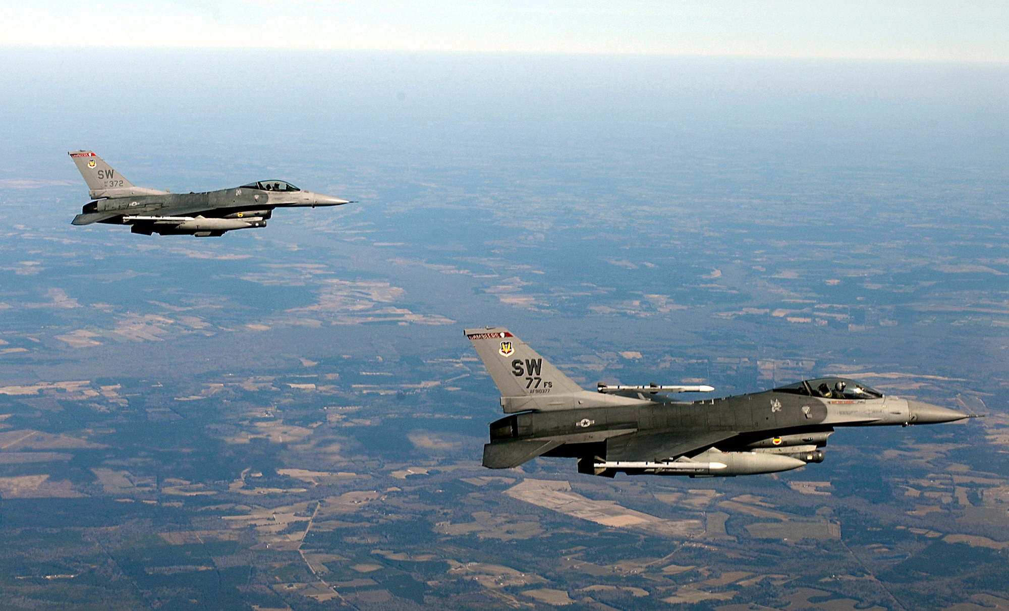 77th Fighter Squadron F-16 Fighting Falcons look for simulated targets and hostile aircraft near Shaw Air Force Base, S.C. Feb. 7 during Exercise Iron Thunder, a multi-service, multi-national large force exercise with more than 100 aircraft participating. (U.S. Air Force photo/Staff Sgt Suzanne Day)