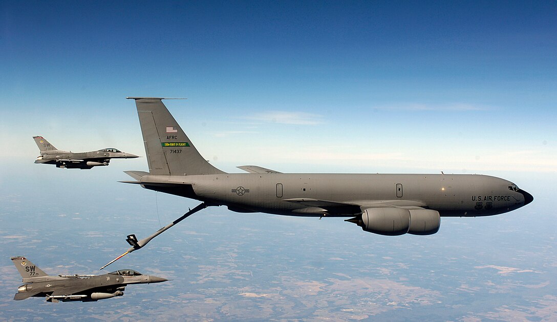 77th Fighter Squadron F-16 Fighting Falcons receive fuel from a KC-135 Stratotanker Feb. 7 near Shaw Air Force Base, S.C. during Exercise Iron Thunder, a multi-service, multi-national large force exercise with more than 100 aircraft participating. The stratotanker is from the Air Force Reserve's 916th Air Refueling Wing. (U.S. Air Force photo/Staff Sgt Suzanne Day)