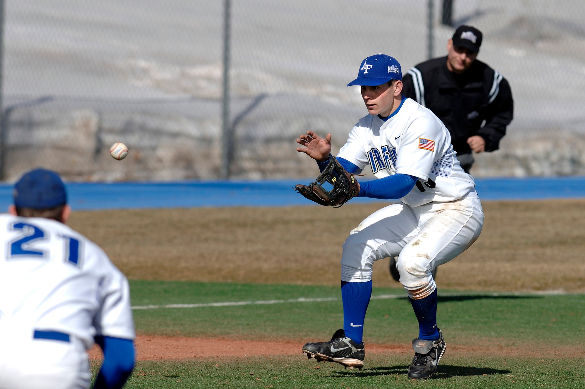 Freshman cadet Ben Ausbun fields a grounder during a game against the Northern Colorado Bears. He is the 3rd baseman for the Air Force Academy Men Falcons baseball team. The Bears swept the three game weekend series from the Falcons. (U.S. Air Force photo/Mike Kaplan)