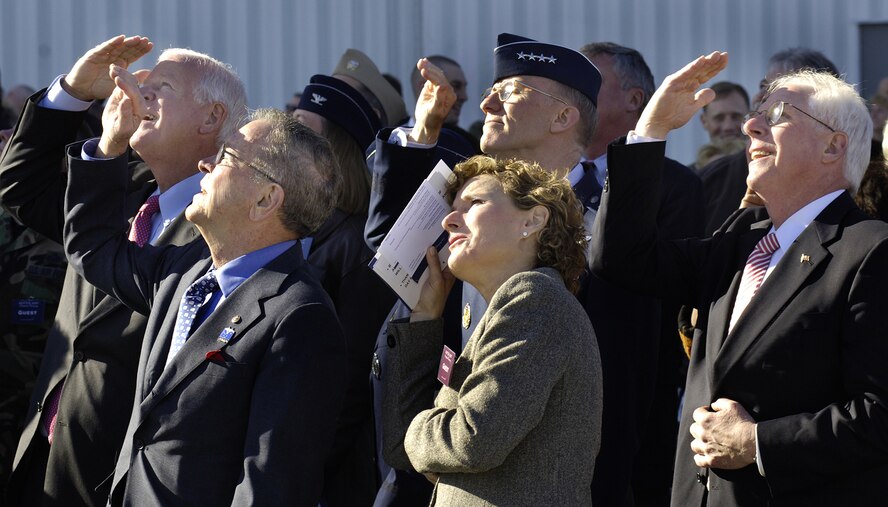 MARIETTA, Ga --  Pacific Air Forces first F-22 makes a pass over guests at the Lockheed Martin plant, Feb 12, 2007.  This F-22 is the first of several that will be assigned to PACAF at Elmendorf Air Force Base, Alaska. (photo by John Rossino)