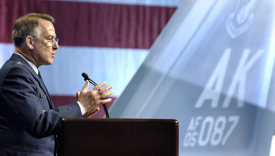 MARIETTA, Ga --  Chief of Air Force Reserve, Headquarters U.S. Air Force, Lt. Gen. John Bradley, speaks during the acceptance ceremony for PACAF's first F-22, Feb 12, 2007.  This F-22 is the first of several that will be assigned to PACAF at Elmendorf Air Force Base, Alaska. (photo by John Rossino)