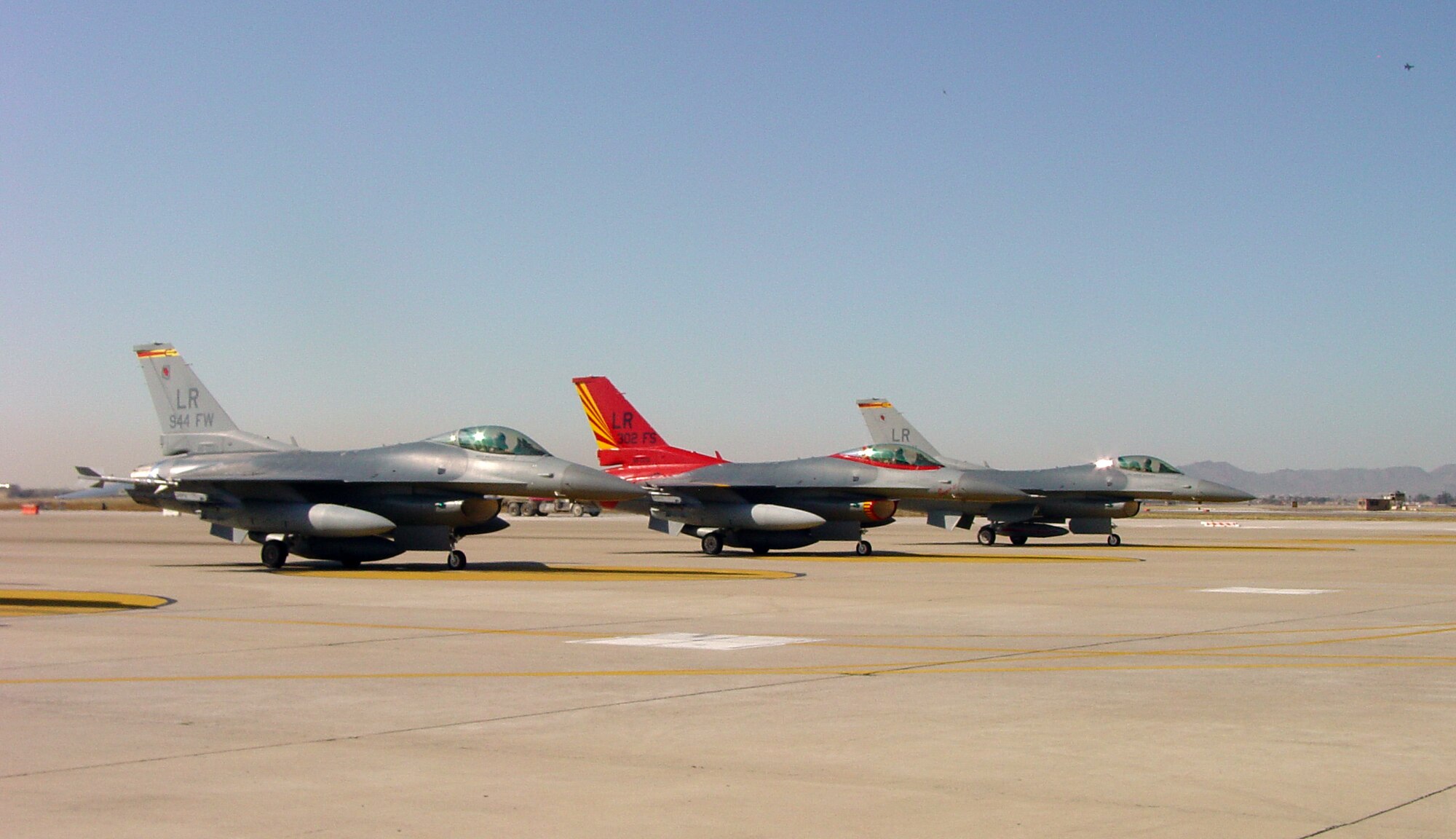 The last three 944th Fighter Wing's F-16s departed Luke Air Force Base, Ariz., Feb. 12, 2007. The 944th FW is an Air Force Reserve Command unit at Luke and as part of Base Realignment and Closure, the unit's 17 F-16s are being reassigned to other units to right-size units by consolidating its declining fleet into fewer, larger units at installations of high military value. (U.S. Air Force photo/Master Sgt. Dan Orzel)           