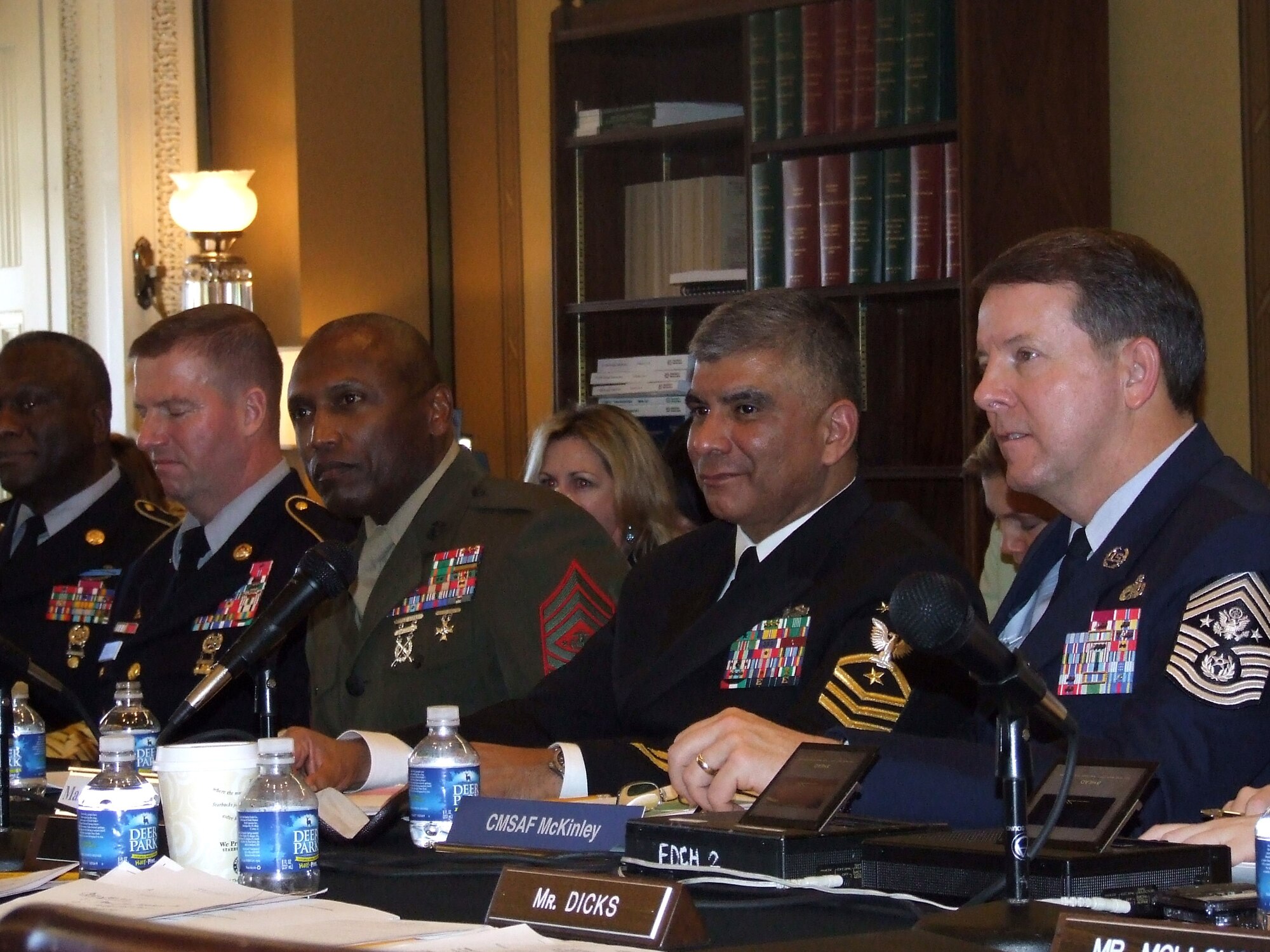 Chief Master Sgt. of the Air Force Rodney J. McKinley, far right, testifies with other Armed Forces senior enlisted leaders before the House Appropriations Committee, Military Quality of Life and Veterans' Affairs Subcommittee Feb. 9 in Washington, D.C. As the Air Force's senior enlisted leader, Chief McKinley addressed quality of life, global combat and Air Force readiness issues with the subcommittee. (U.S. Air Force photo/Chief Master Sgt. Darla Ernst) 
