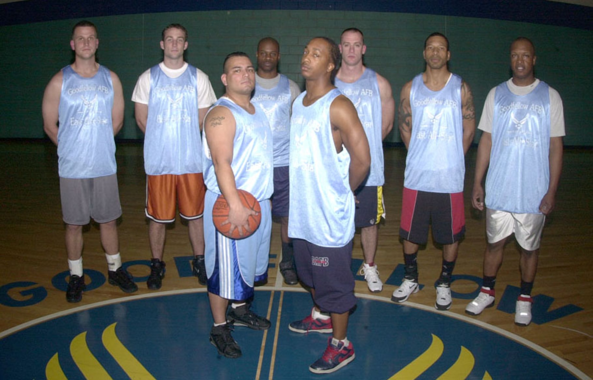 Eastern Conference All-Stars in no particular order: Vance Summers, Reggie Wilder, Thadeous Sankey, Jason Sarver, Darrel Diaz, Jonathan Session, Ammon Charles and No. 3 Myers. (U.S. Air Force photo by Airman 1st Class Luis Loza Gutierrez)