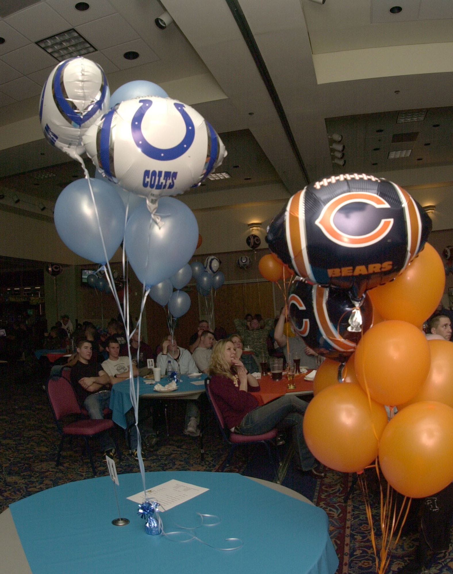 Balloons and sports memorabilia bearing the logos of the Chicago Bears and the Indianapolis Colts were used as decorations through out the Events Center during the Super Bowl party. (U.S. Air Force photo by Airman 1st Class Luis Loza Gutierrez.)