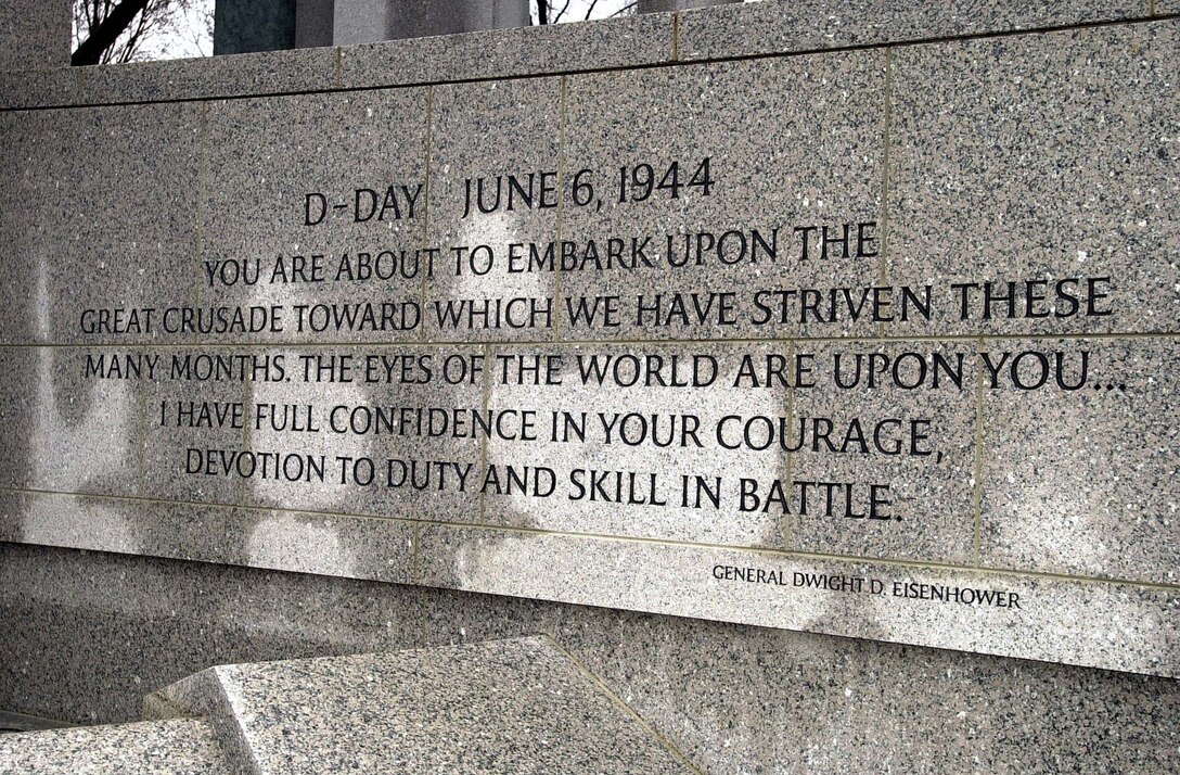 Soldiers in the Virginia Army National Guard's 29th Infantry  Division were part of the "great crusade" that began on June 6, 1944. The  inscription is part of the new National World War II Memorial in Washington,  D.C. Photo by Master Sgt. Bob Haskell, USA