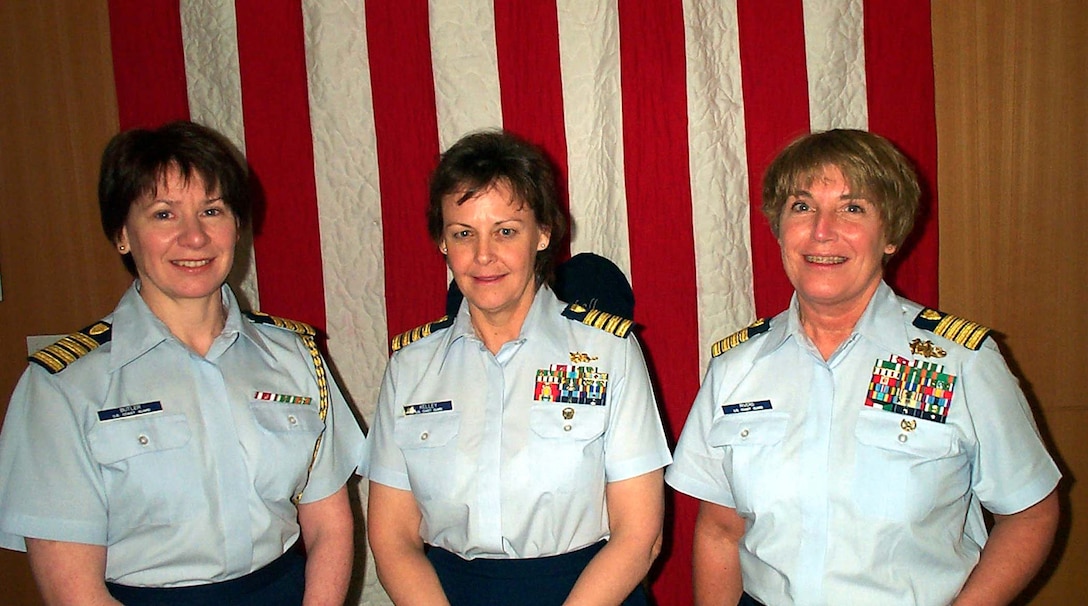 Coast Guard women history makers are, from left, Capt. Jean  Butler, who became the first woman graduate from the Coast Guard Academy in  1980; Capt. Beverly Kelley, the first woman commanding officer afloat in 1979  when she took command of the Coast Guard Cutter Cape Newagen; and Capt. Carol  A. Rivers, the first woman commanding officer of a port security unit, who  participated in Operation Desert Storm. Photo by Rudi Williams